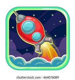 App icon with flying rocket ship. Vector illustration.