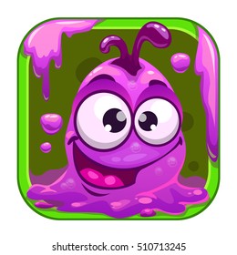 App icon with funny cute purple slimy monster. Vector game asset.