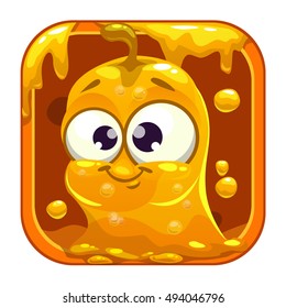 App icon with funny cute yellow slimy monster. Vector game asset.