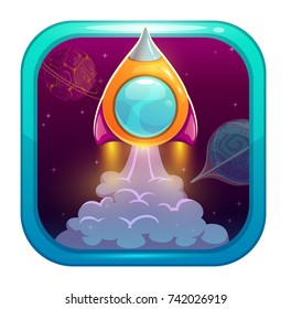 App icon for game or web design with starting orange rocket. Successful fast startup concept. Vector space illustration. Spaceship launch art