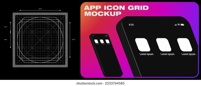 App icon grid Mockup. Icon template for mobile application, operating system. Vector with dimensions and development grid line. Mobile 3D