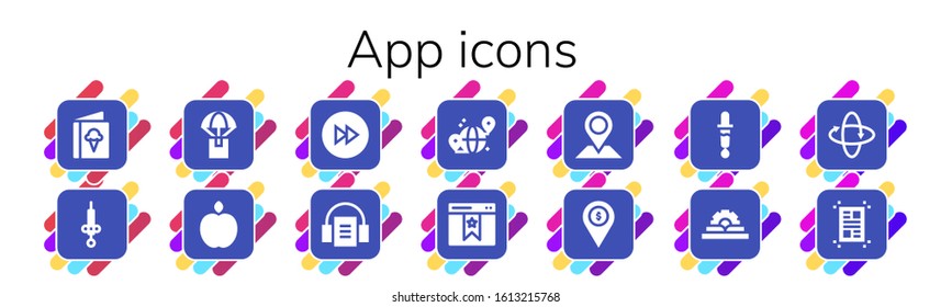 app icon set. 14 filled app icons.  Simple modern icons such as: Menu, Syringe, Delivery, Apple, Forwards, Audiobook, Grid, Bookmark, Placeholder, Color picker, Manual, 360 , Layout