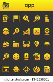 app icon set. 26 filled app icons.  Collection Of - Selfie, Alarm clock, Volleyball net, Search, Cleaning spray, Avatar, Slider, Shuffle, Webcam, Smoke bomb, Linkedin, Glasses