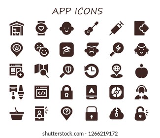  app icon set. 30 filled app icons. Simple modern icons about  - Delivery, Smartwatch, Avatar, Acoustic guitar, Syringe, Logout, Placeholder, Rate, Itunes, Search, Add, History