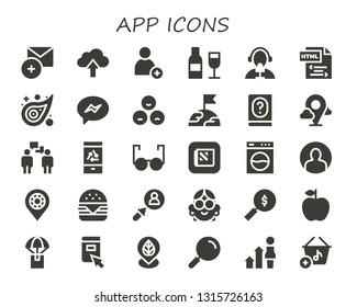 app icon set. 30 filled app icons.  Collection Of - Add, Upload, Wine, Reporter, Html, Pattern, Messenger, Rate, Earth, Manual, Placeholder, Conversation, Mobile, Glasses, Apple