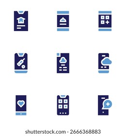 Conjunto de iconos de App. Estilo audaz. Duotone colores. comida, App, Clima, App médico, móvil.