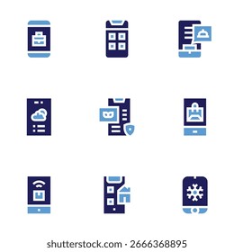 App-Symbolsatz. Fett. Duotonfarben. Apps, Essen, Wetter, Mobile App, App, Buchung, Shopping.