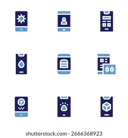 Conjunto de iconos de App. Estilo audaz. Colores Duotone. desarrollo App, usuario, wireframe, comercio, App, App menstrual.