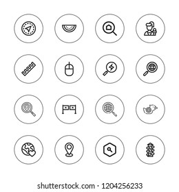 App icon set. collection of 16 outline app icons with entrance, finger, gps, mouse, placeholder, planet earth, reporter, search, slide, shoot duck, watermelon icons.