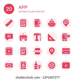 app icon set. Collection of 20 filled app icons included Ruler, Gps, Smartphone, Avatar, Placeholder, Chat bubble, Gamepad, Text, Video, Jam, Flip, Wine, Cube, Search