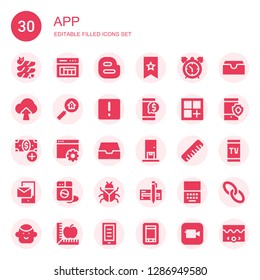 app icon set. Collection of 30 filled app icons included Slide, Layout, Blogger, Bookmark, Alarm clock, Upload, Search, Attention, Smartphone, Color, Add button, Web design, Inbox