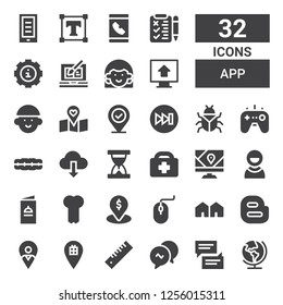 app icon set. Collection of 32 filled app icons included Earth, Chat bubble, Conversation, Ruler, Placeholder, Blogger, Attached, Computer mouse, Bone, Menu, User, Gps, Healthcare