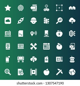 app icon set. Collection of 36 filled app icons included Earth, Pick, Apple, Video, Document, Searching, Editor, Menu, Upload, Big screen, Smartphone, Wireframe, Bones, Layout