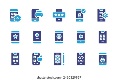 App icon set. Duotone color. Vector illustration. Containing app, rating, coding, application, vote, star, mobile app, apps, health service, cogwheel, wireframe, prototype, nutrition.