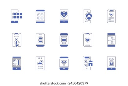 App icon set. Duotone style line stroke and bold. Vector illustration. Containing profile, mobile, menu, smartphone, design, mobile, design, cellphone, fitness, medical, app. 