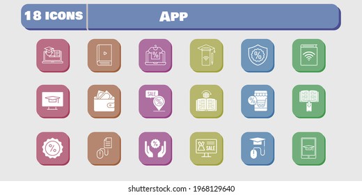 App-Icon-Set. beinhaltet Hörbuch, Smartphone, Brieftasche, Rabatt, Training, Lernen, Student-Desktop, klicken Sie, Online-Shop, E-Book-Symbole auf weißem Hintergrund. lineare, gefüllte Stile.