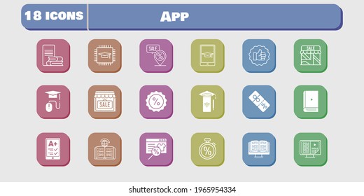 conjunto de iconos de la aplicación. incluye chip, tienda, smartphone, como, descuento, aprendizaje, tienda en línea, ereader, ebook, aprendizaje en línea, iconos de aprendizaje electrónico sobre fondo blanco. estilos lineales y llenos.