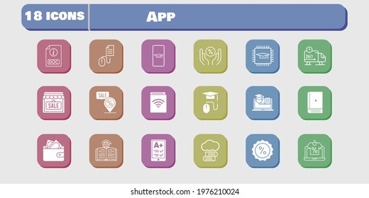 app icon set. included chip, audiobook, wallet, shop, discount, training, learning, delivery truck, click, cloud library, student-smartphone icons on white background. linear, filled styles.