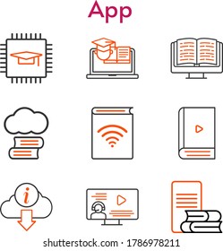 app icon set. included cloud library, chip, audiobook, ebook, instructor, training, information icons. bicolor styles.
