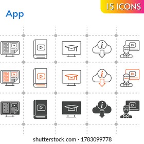 app icon set. included e-book, teacher, information, student, desktop icons on white background. linear, bicolor, filled styles.