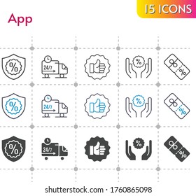 conjunto de iconos de la aplicación. incluidos como, garantía, descuento, iconos de camión de entrega en fondo blanco. estilos lineales, bicolores, rellenos.