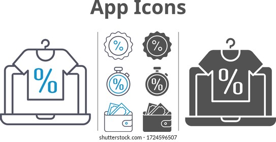 app icon set included online shop, wallet, discount, stopwatch icons