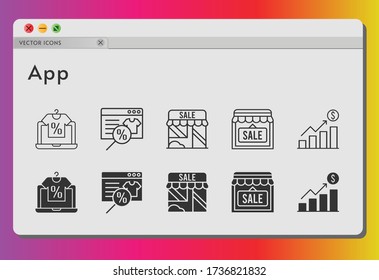 app icon set. included online shop, profits, shop icons on white background. linear, filled styles.
