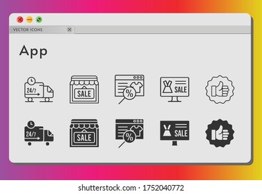 app icon set. included online shop, shop, like, delivery truck icons on white background. linear, filled styles.