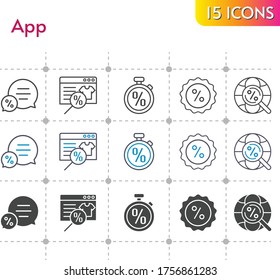 App-Icon-Set. inklusive Online-Shop, Chat, Rabatt, Stoppuhr, Internet-Symbole auf weißem Hintergrund. linear, bicolor, gefüllte Stile.