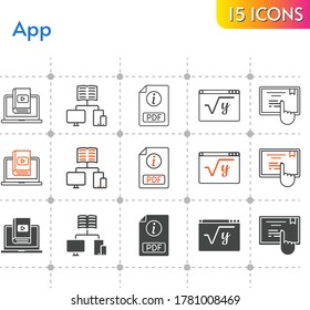 conjunto de iconos de la aplicación. incluido pdf, aprender, escuela, matemáticas, iconos de pantalla táctil sobre fondo blanco. estilos lineales, bicolores, rellenos.