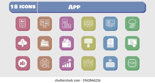 conjunto de iconos de la aplicación. incluye beneficios, chip, cartera, como, descuento, pantalla táctil, aprendizaje, entrenamiento, biblioteca en la nube, tienda en línea, iconos de lectura sobre fondo blanco. estilos lineales y llenos.