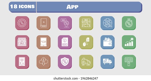 app icon set. included profits, wallet, shop, discount, delivery truck, click, tablet, ebook, student-tablet, warranty, doc icons on white background. linear, filled styles.