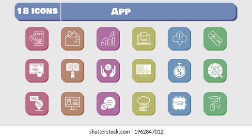 app icon set. included profits, chip, wallet, learn, discount, touchscreen, cloud library, online shop, ebook, chat icons on white background. linear, filled styles.