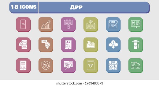 app icon set. included profits, audiobook, smartphone, shop, learning, training, delivery truck, student-smartphone, exam icons on white background. linear, filled styles.