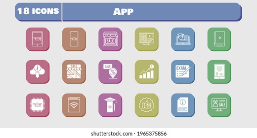 app icon set. included profits, chip, audiobook, smartphone, shop, like, training, exam, student-smartphone, tablet, online shop icons on white background. linear, filled styles.