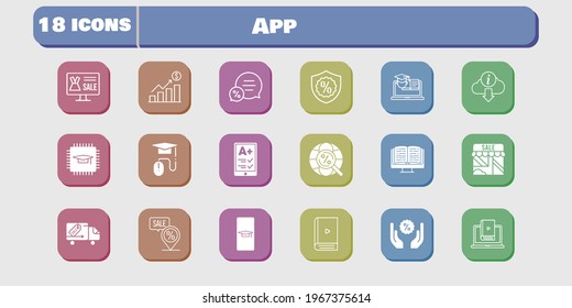 app icon set. included profits, chip, shop, learn, discount, training, delivery truck, student-smartphone, online shop, ereader icons on white background. linear, filled styles.