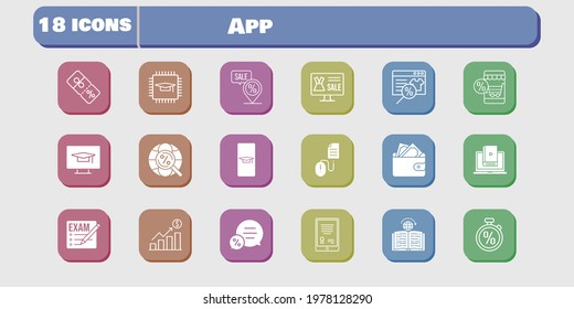app icon set. included profits, chip, wallet, learn, discount, learning, student-desktop, click, exam, student-smartphone, tablet icons on white background. linear, filled styles.