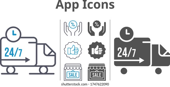 app icon set included shop, like, discount, delivery truck icons