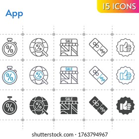 app icon set. included shop, like, discount, stopwatch, internet icons on white background. linear, bicolor, filled styles.