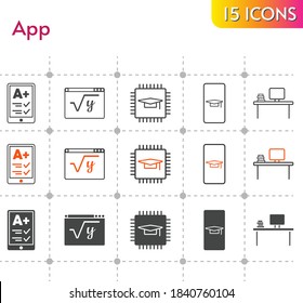 app icon set. included student-smartphone, ereader, chip, desktop, maths icons on white background. linear, bicolor, filled styles.