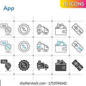 app icon set. included wallet, discount, placeholder, delivery truck icons on white background. linear, bicolor, filled styles.