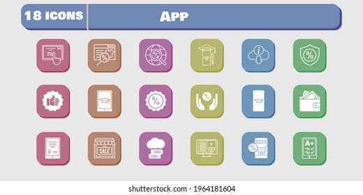 app icon set. included wallet, shop, smartphone, like, discount, touchscreen, student-smartphone, cloud library, tablet icons on white background. linear, filled styles.