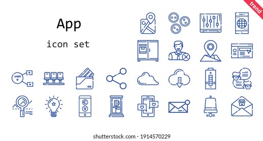 app icon set. line icon style. app related icons such as website, buttons, fridge, wallet, smartphone, idea, phone box, battery, message, sharing, seats, google maps, analytics, chat