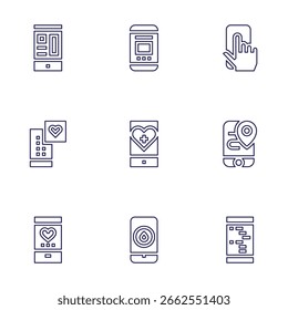 Conjunto de iconos de App. Estilo de línea. App, ubicación, diseño, móvil, diseño, App médico.