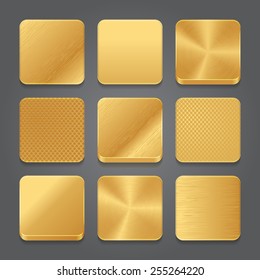 App icons background set. Golden metal button icons. Vector illustration