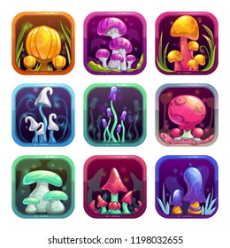 App icons with fantasy cartoon colorful shiny mushrooms in the frame. Vector application store assets set. Isolated on white background.