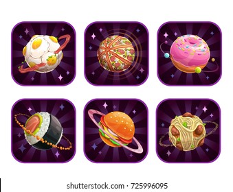 App icons with food planets. Vector space illustration. 