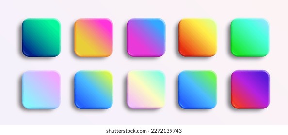 App icons glossy backgrounds set. Vector 3D buttons render with neon holographic gradients and realistic soft shadows. Rounded rectangle shapes for web and mobile applications. Isolated