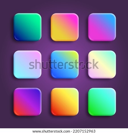 App icons glossy vector backgrounds collection. 3D buttons with neon holographic gradients and realistic soft shadows. Rounded rectangle shapes for web and mobile applications
