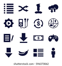 app icons set. Set of 16 app filled icons such as Money, Banana, download, shuffle, menu, play in gear, download upload cloud, marketing, joystick, document, arrow down, user